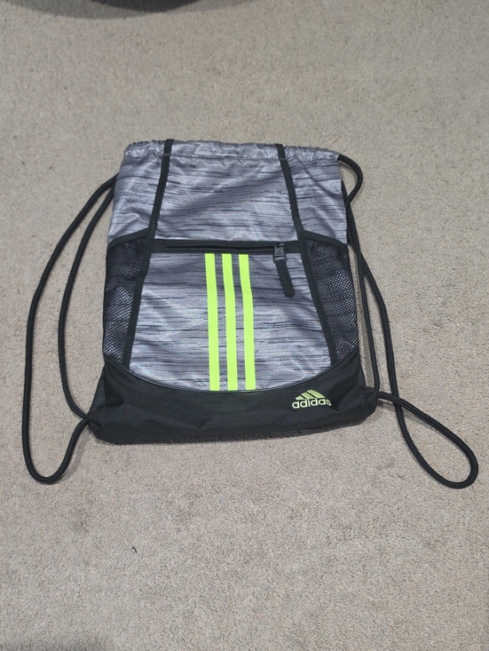 adidas Handbags - Adidas Gray Drawstring Backpack with Neon Green Stripes